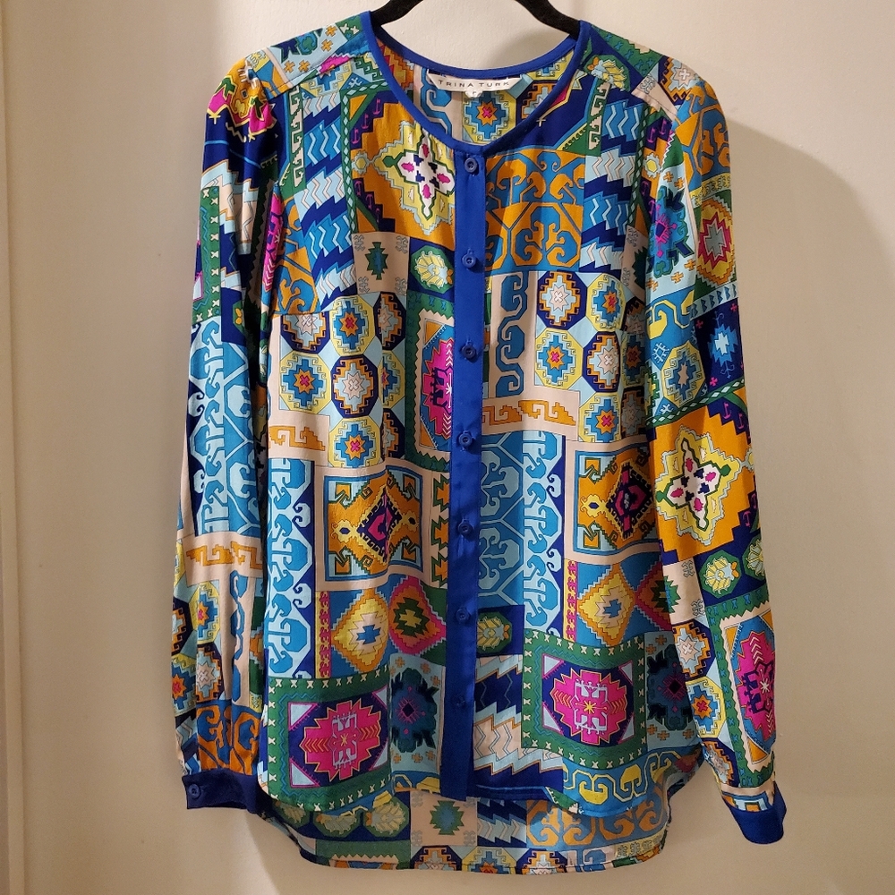 Trina Turk silk blouse in blue, pink, yellow, green, orange; long sleeves, P